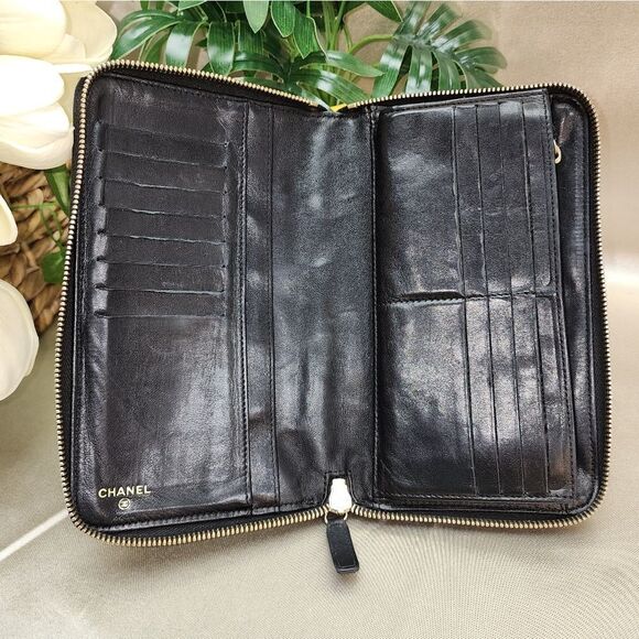 Authentic Chanel Lambskin Camellia Embossed Zip Around Organizer Wallet Black - Picture 11 of 17